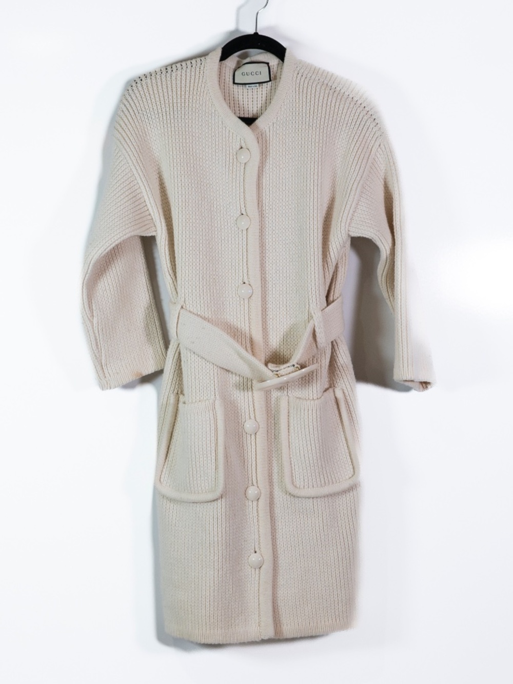 Gucci Made In Italy Wool Knit Crochet Logo Belted Mid Length Cardigan Sweater M